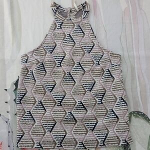 Anthropologie White, Pink, Brown, & Navy Blue Geometric Sleeveless Lindsay Top